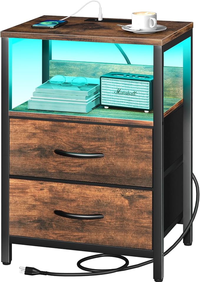 Yoobure Nightstand with Charging Station, LED Night Stand with Fabric Drawers by Yoobure