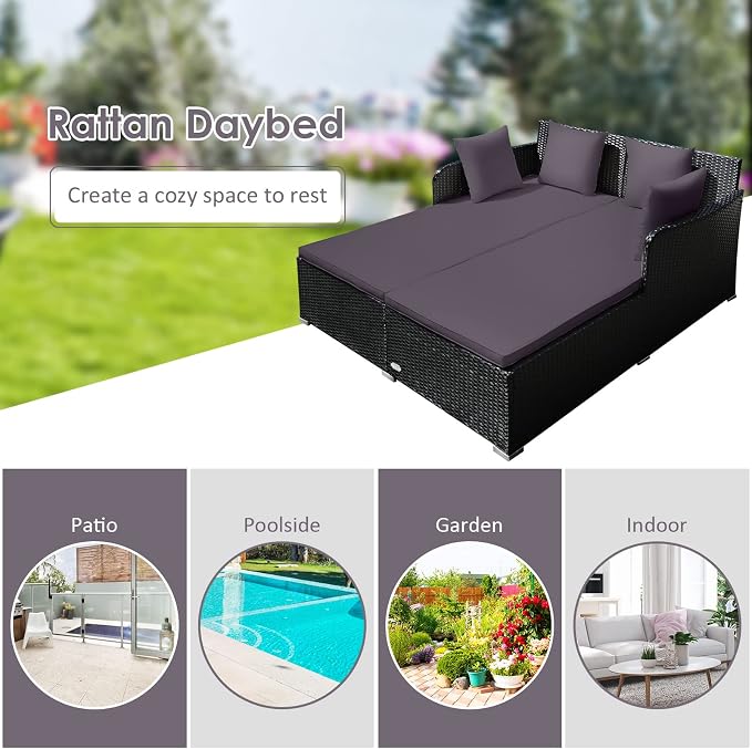 Tangkula Outdoor Rattan Daybed, Sunbed Wicker Furniture w/Spacious Seat - Image 8