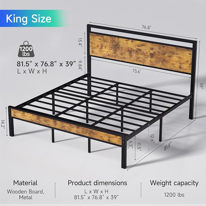 King Metal Bed Frame with Wooden Headboard and Footboard, Heavy Duty Platform - Image 2