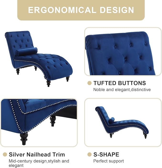 Chaise Lounge Indoor, Velvet Upholstered Lounge Chair Button-Tufted Armless - Image 4