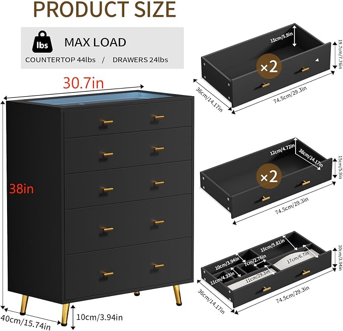 Drawer Dresser with LED Lights, 30.7" W x 39" H Tall Tempered Glass Top Dresser - Image 2