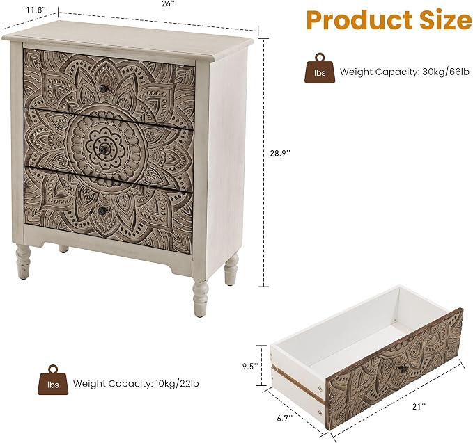 HOMPUS White 3 Drawer Dresser Set 2, Bedside Table Set of 2 - Image 3