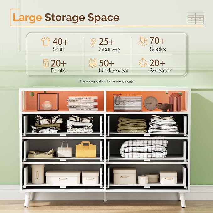 VINGLI Fluted White Dresser, Led Dresser 6 Drawer - Image 9