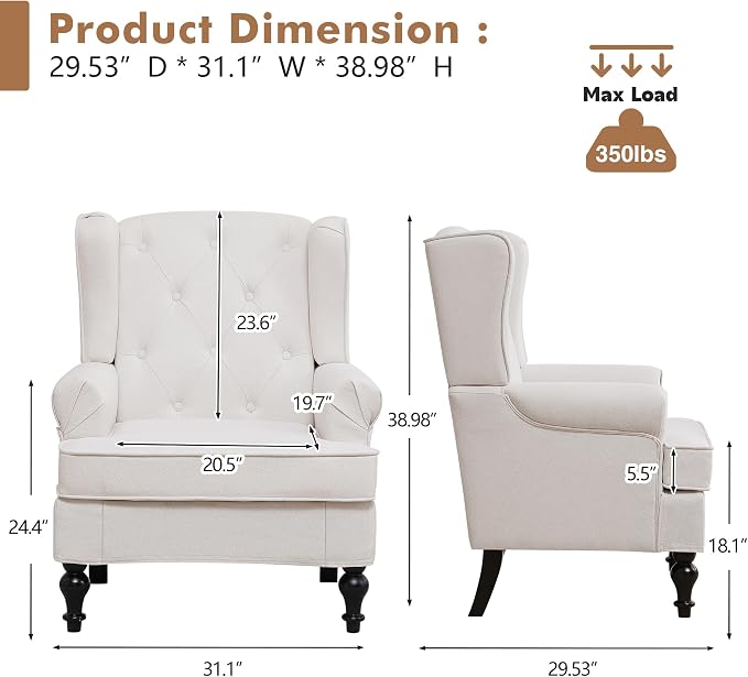 Accent Chair for Living Room, Mid Century Modern Upholstered Armchair, Wingback - Image 2