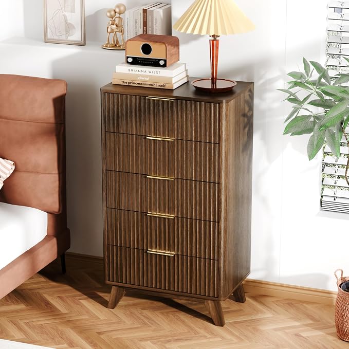 VINGLI Fluted Tall Dresser 5 Drawer, 23.66" W Chest of Drawers, Walnut Wood by VINGLI