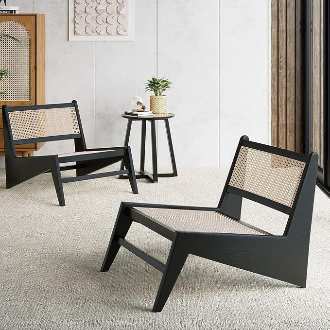 homary Japandi Rattan and Wood Lounge Chairs Mid Century Modern Armless Accent - Image 9