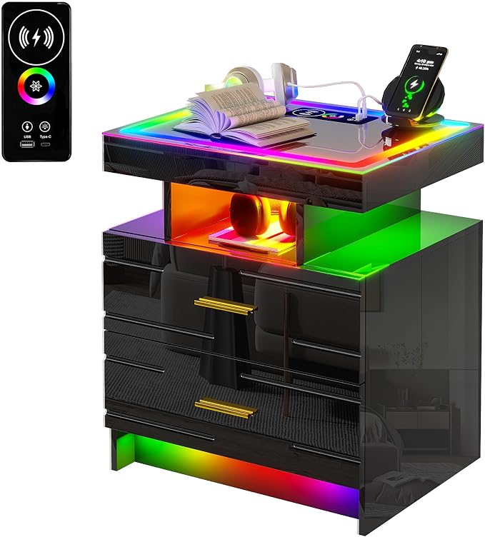 WOOVIVS Nightstand with 24 Colorful Lighst, LED Night Stand with - Image 8