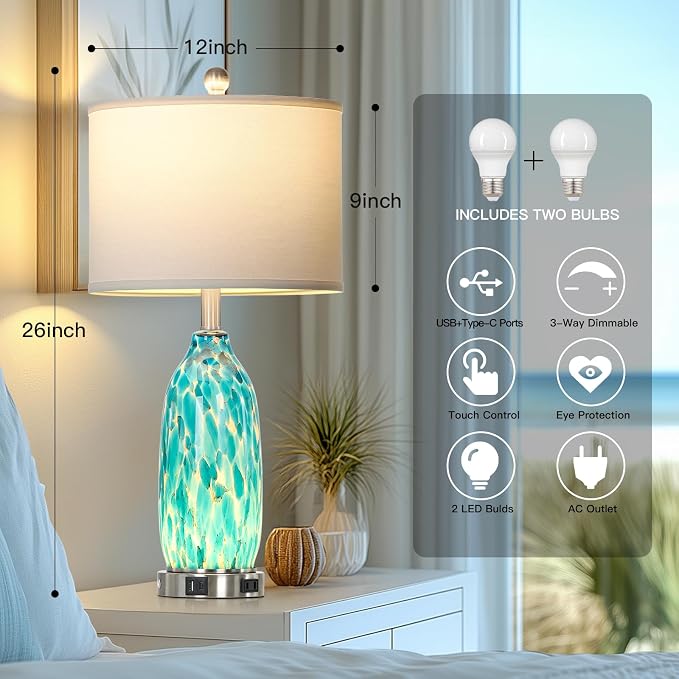 Rinweey 26" Peacock Green Glass Table Lamps Set of 2, Coastal Nautical Bedside - Image 4