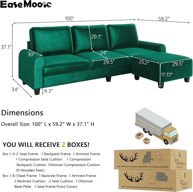 EASE MOOSE Large Seat Velvet L-Shaped Sofa, Soft 4 Seat Couch - Image 2