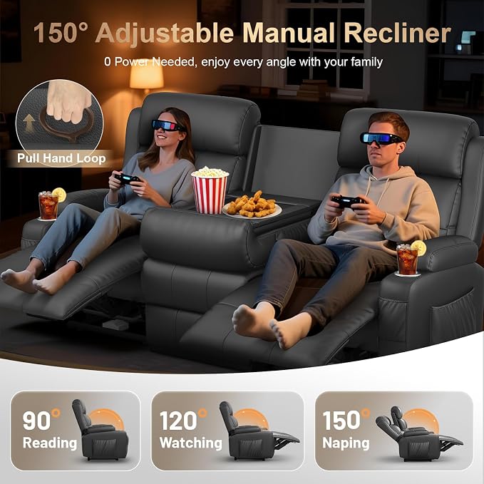 3-Seater Loveseat Recliner Sofa, Home Theater Seating Reclining Couch - Image 3