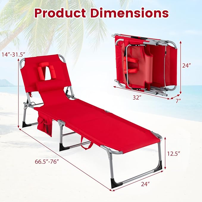 Goplus Tanning Chair, Folding Adjustable Patio Lounger w/Face Arm Holes - Image 3