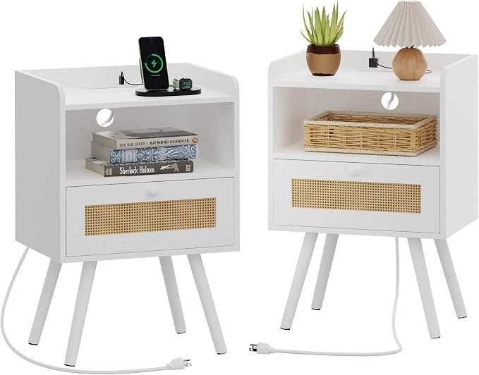 SUPERJARE Nightstands with Charging Station, Bedside Table Set of 2 with PE by SUPERJARE