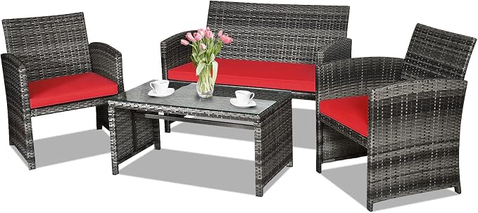 Goplus 4-Piece Rattan Patio Furniture Set, Outdoor Wicker Conversation Sofa by Goplus