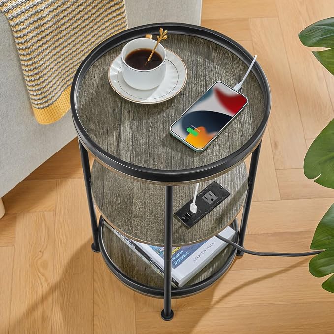 Dulcii Round Side Table with Charging Station, End Table with 3 Shelves - Image 8
