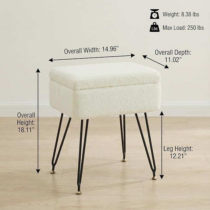 Vanity Stool Chair, Faux Teddy Fur Ottoman Foot Stool - Image 2