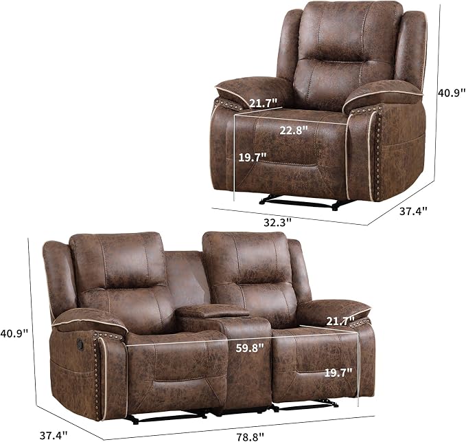 EBELLO Faux Leather Manual Recliner Sofa Set, 1 Seat Reclining Chair and a - Image 2