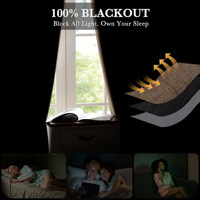 RYB HOME Coffee 100% Blackout Curtains 63 inch Long, Light Blacking & Thermal - Image 3