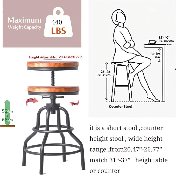 Industrial Vintage Counter Stool, Kitchen Counter Height Adjustable Swivel Chair - Image 2