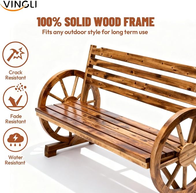 VINGLI Rustic Wooden Wheel Bench Outdoor Bench, Patio Bench Wagon Slatted Seat - Image 6
