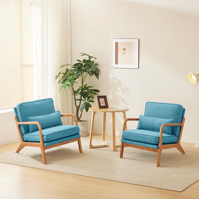 VINGLI Cozy Living Room Chairs, Linen Teal Accent Chairs Set of 2, Wood Lounge by VINGLI