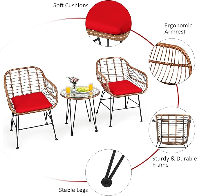 Tangkula 3 Pieces Patio Conversation Bistro Set, Outdoor Wicker Furniture - Image 7