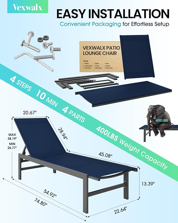 Vexwalx Outdoor Lounge Chairs Set of 2, Aluminum Patio Chaise Lounge Chairs - Image 3