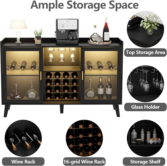 Auromie Wine Bar Cabinet with Led Light, Home Coffee Cabinet with Wine and - Image 4