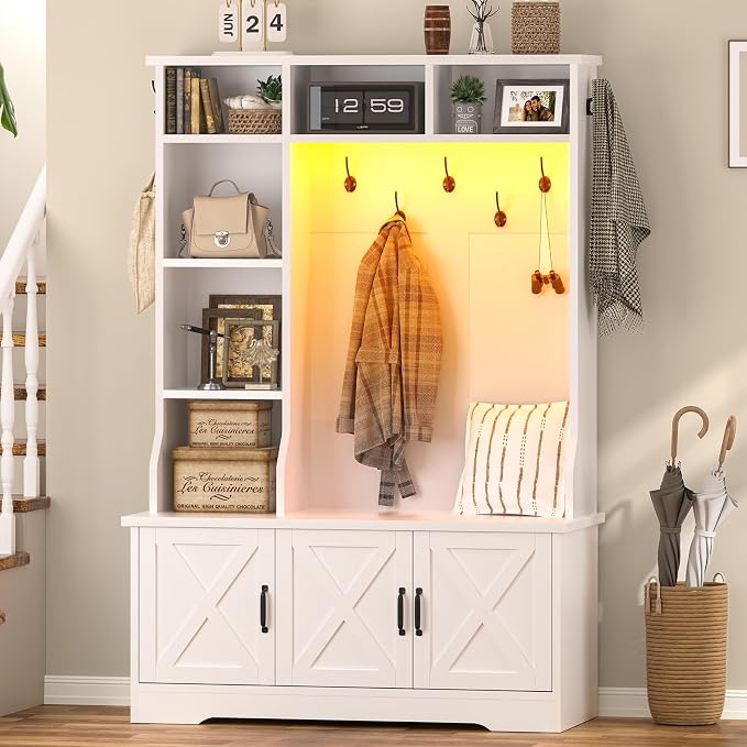 CSZZD White Hall Tree with Bench and Shoe Storage, Entryway Bench with Coat by CSZZD