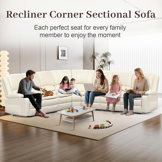 Yolsali Manual Reclining Sectional Sofa Set, 7 Seats Soft Leather Recliner - Image 3