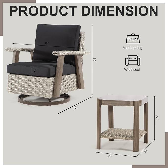 Joyside Outdoor Swivel Rocker Patio Chair Set of 4 and 2 Matching Side Tables - Image 3