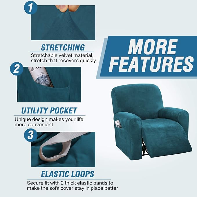 H.VERSAILTEX Velvet Stretch Recliner Couch Covers 4-Pieces Style Recliner Chair - Image 4