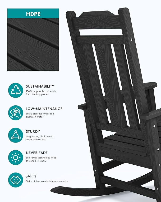 SERWALL Black Outdoor Rocking Chair Set of 2, All Weather Patio Rocking Chair - Image 5