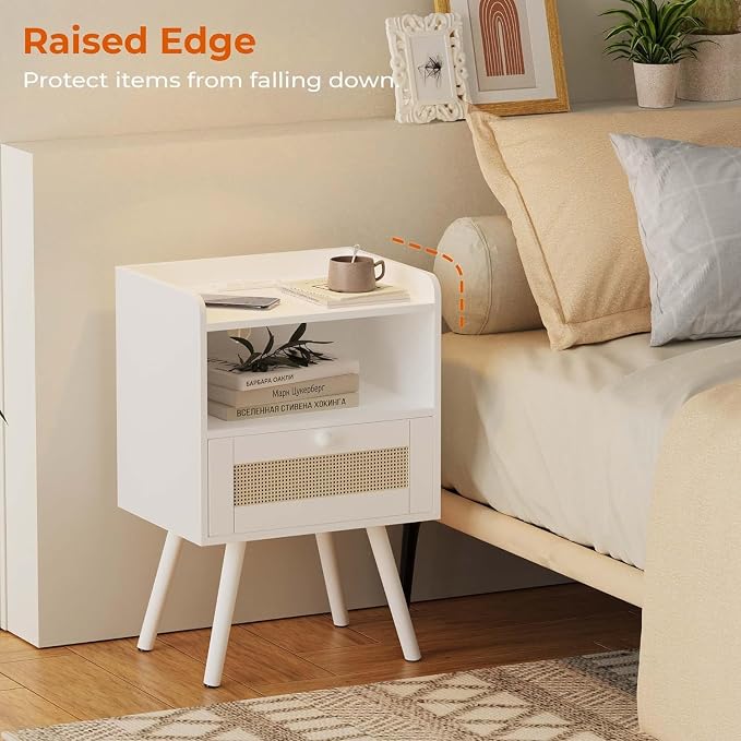 SUPERJARE Nightstand with Charging Station & Rattan-Like Decor Drawer, Rattan - Image 5
