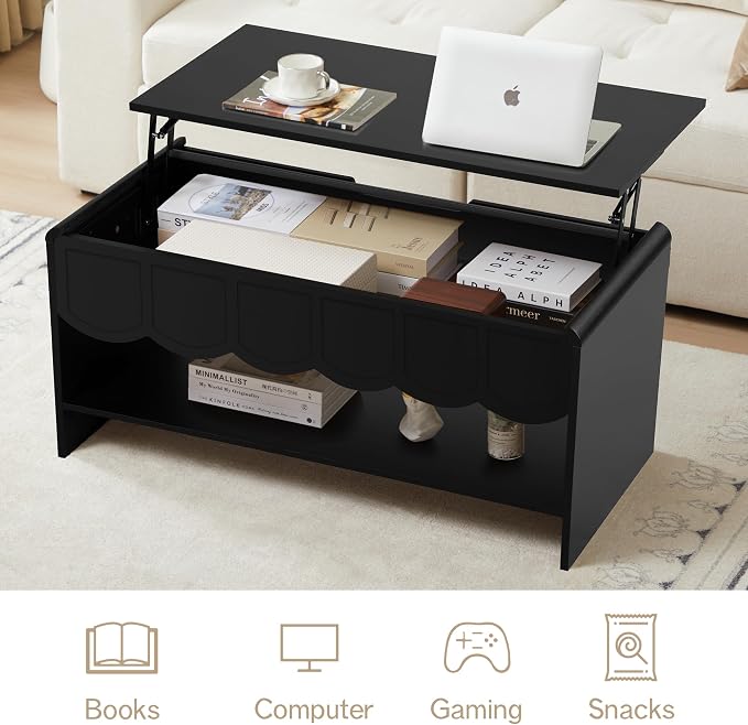 Lift Top Coffee Table with Hidden Compartment, 2 Tier Wooden Center Table with - Image 4