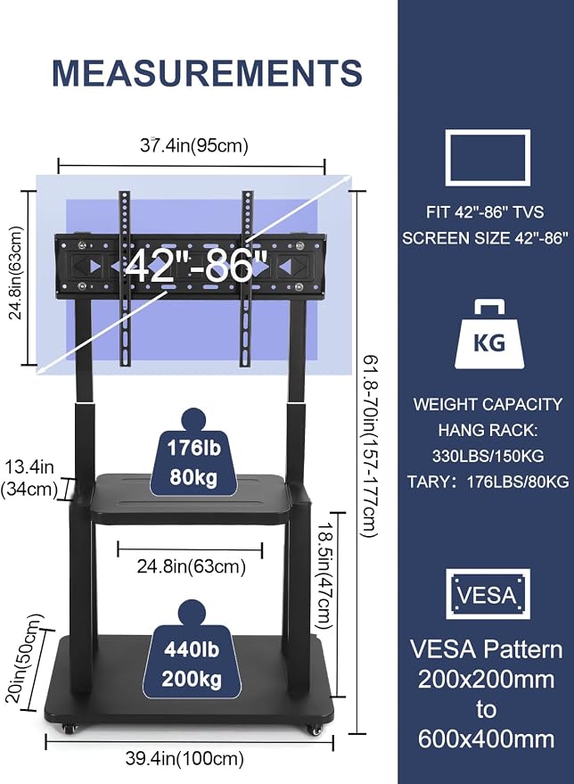 Mobile TV Stand on Wheels for 42-86 Inch Flat/Curved LED/LCD/OLED Rolling TV - Image 5