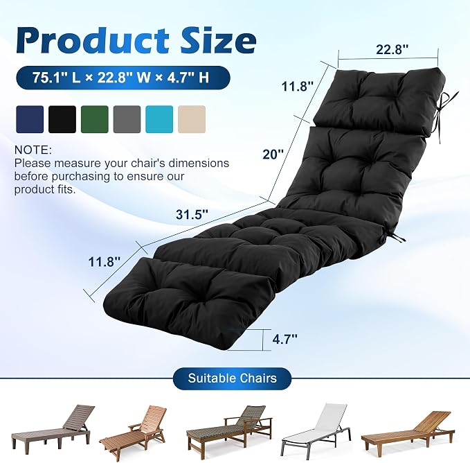 Chaise Lounge Cushions Outdoor, Waterproof & Fade Resistant Patio Lounge Chair - Image 2