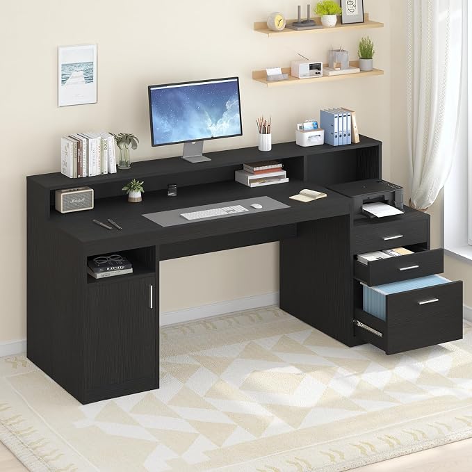 YOMILUVE Computer Desk with 3 Drawer & Storage Shelves, Home Office Desk with - Image 3