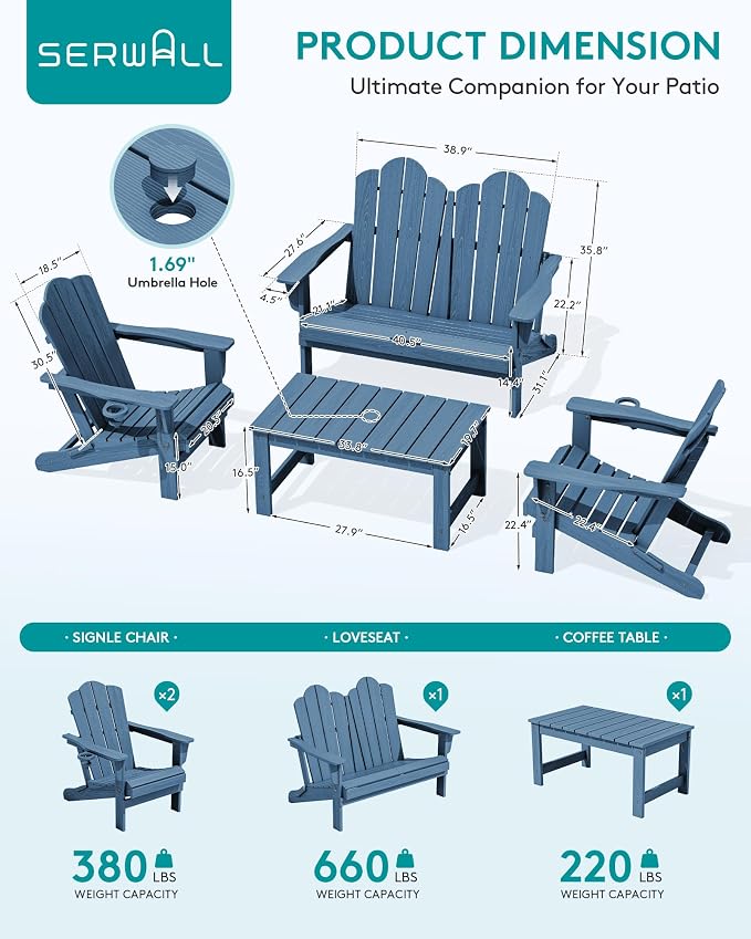 SERWALL 4 Pieces HDPE Patio Adirondack Chair Set, 2 Adirondack Chair - Image 3