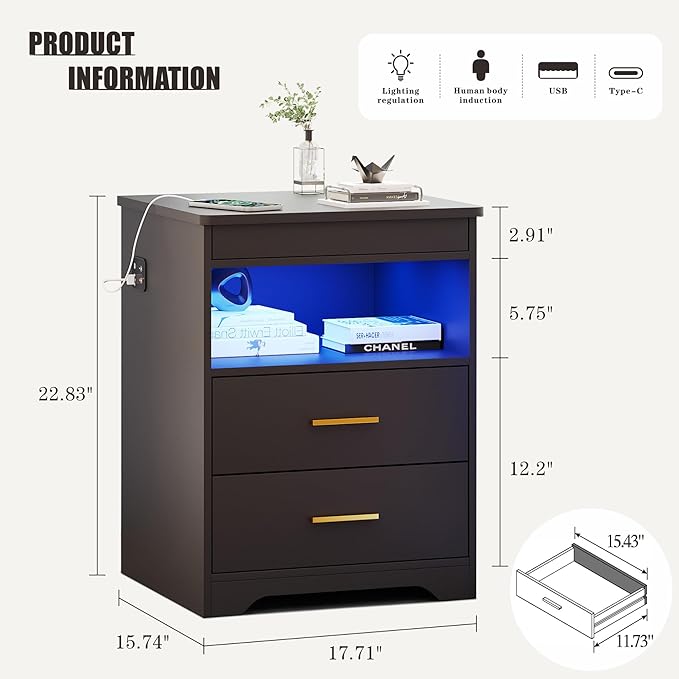 Nightstand Set of 2, Charging Bedside Table - Image 3