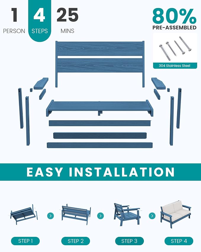 SERWALL 4 Piece HDPE Outdoor Furniture Set, All Weather Wood-Like Outdoor Sofa - Image 7