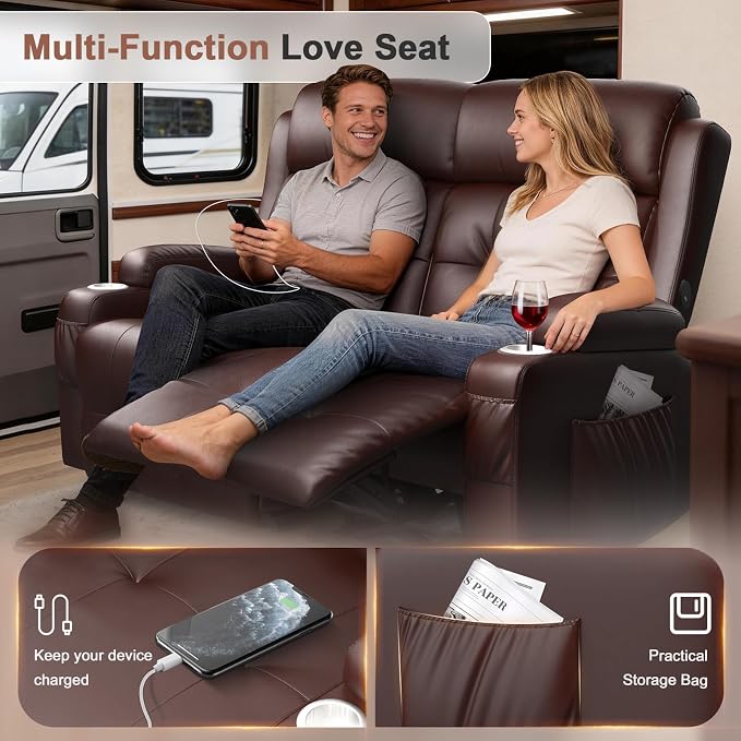 Reclining Loveseat, 55.1" RV PU Leather Wall Hugger Recliner Love Seats Sofa - Image 6