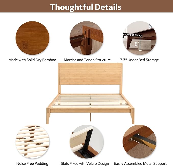 Merax Queen Size Bamboo Platform Bed, Mid-Century Modern Bed Frame - Image 5