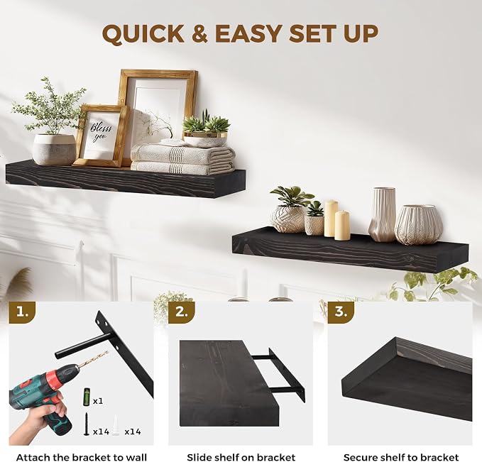 24x8x1.6 inch Floating Shelves Set of 2 – Solid Wood Rustic Black Wall Mounted - Image 5