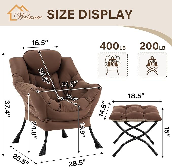 Welnow Lazy Chair with Ottoman, Modern Accent Armchair with Armrests and a Side - Image 3