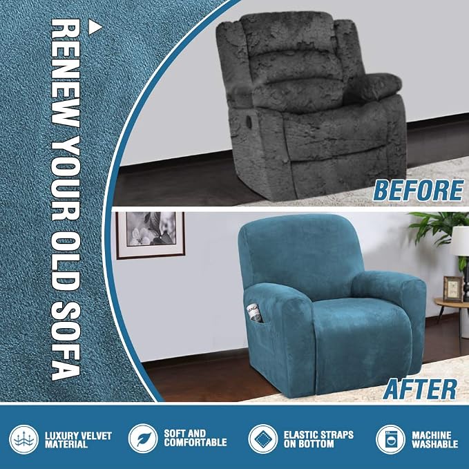 H.VERSAILTEX Velvet Stretch Recliner Couch Covers 4-Pieces Style Recliner Chair - Image 5