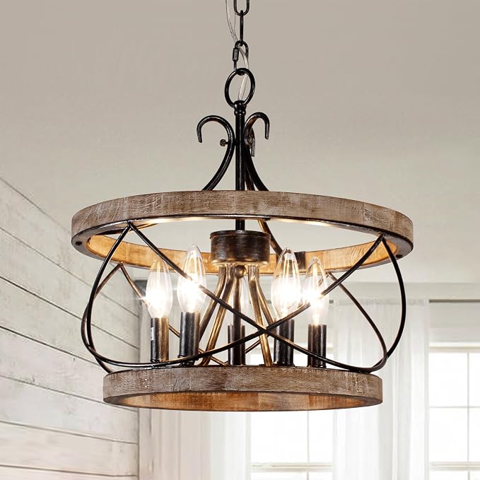 15.7" Farmhouse Chandelier, 5-Light Rustic Drum Chandelier Light Fixture Over by DawnWhisper