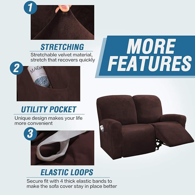 H.VERSAILTEX Velvet Stretch Recliner Couch Covers 6-Pieces Recliner Loveseat - Image 4