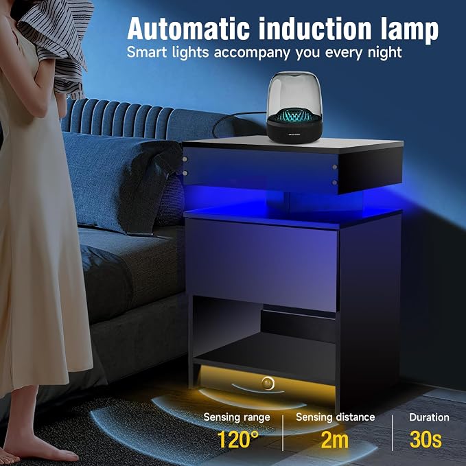 Nightstand with Induction Light & Side Charging Station, Modern Bedside Table - Image 4