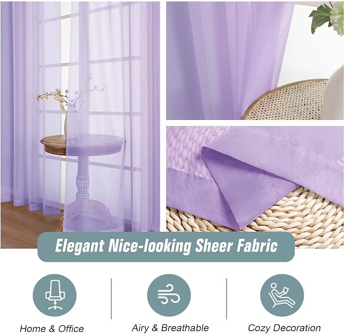 Lavender Sheer Curtains 63 Inch Length 2 Panels, Voile Sheer Curtain - Image 4