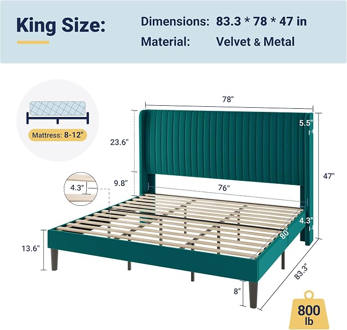 Allewie King Size Bed Frame/Velvet Upholstered Platform Bed/Vertical Channel - Image 2